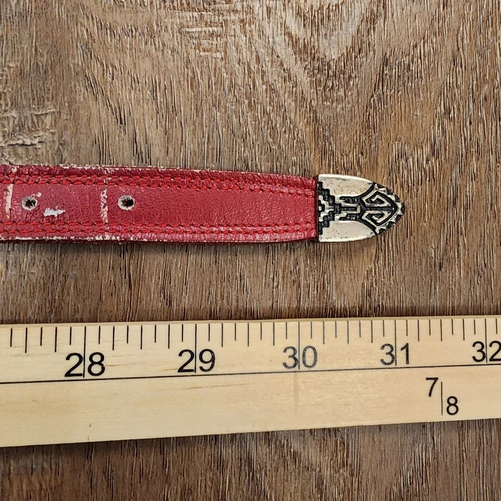 Nocona Red Leather Belt with Silver Aztec Southwestern Design Buckle size 26